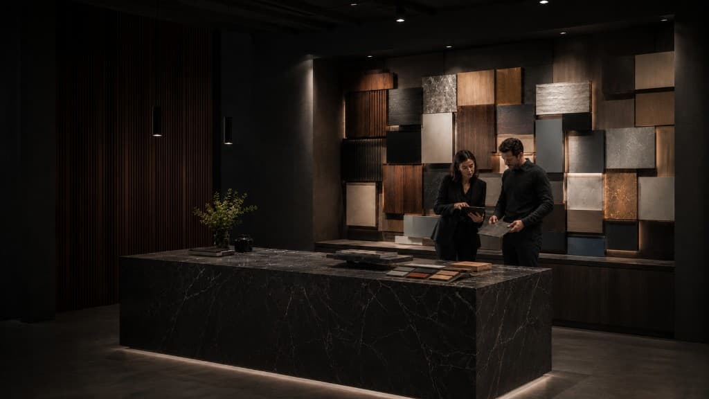 Consultation covering : sélection de matières et échantillons dans un showroom professionnel Decovering.