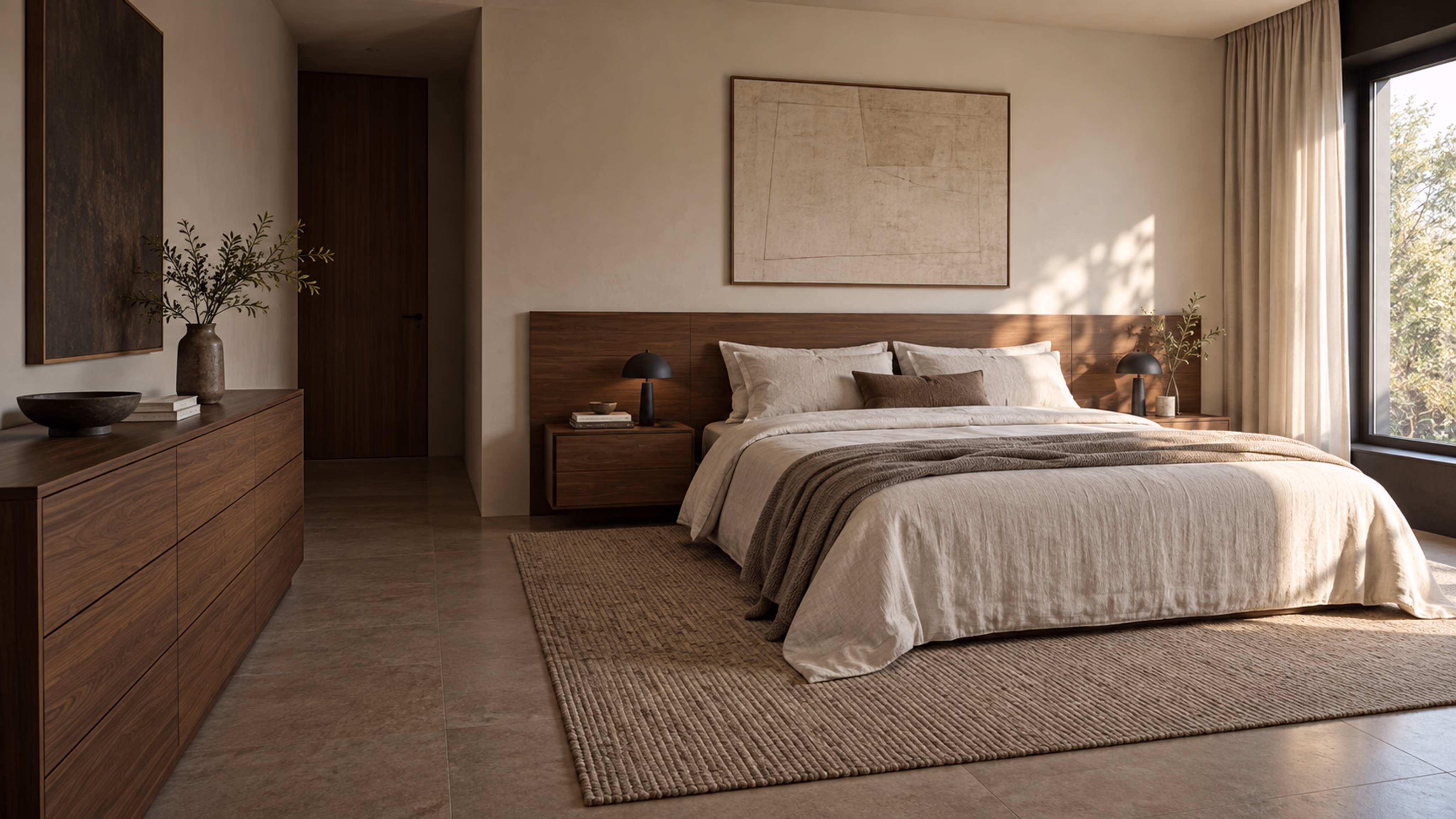 Chambre contemporaine avec commode, chevets et tête de lit rigide aux finitions bois coordonnées