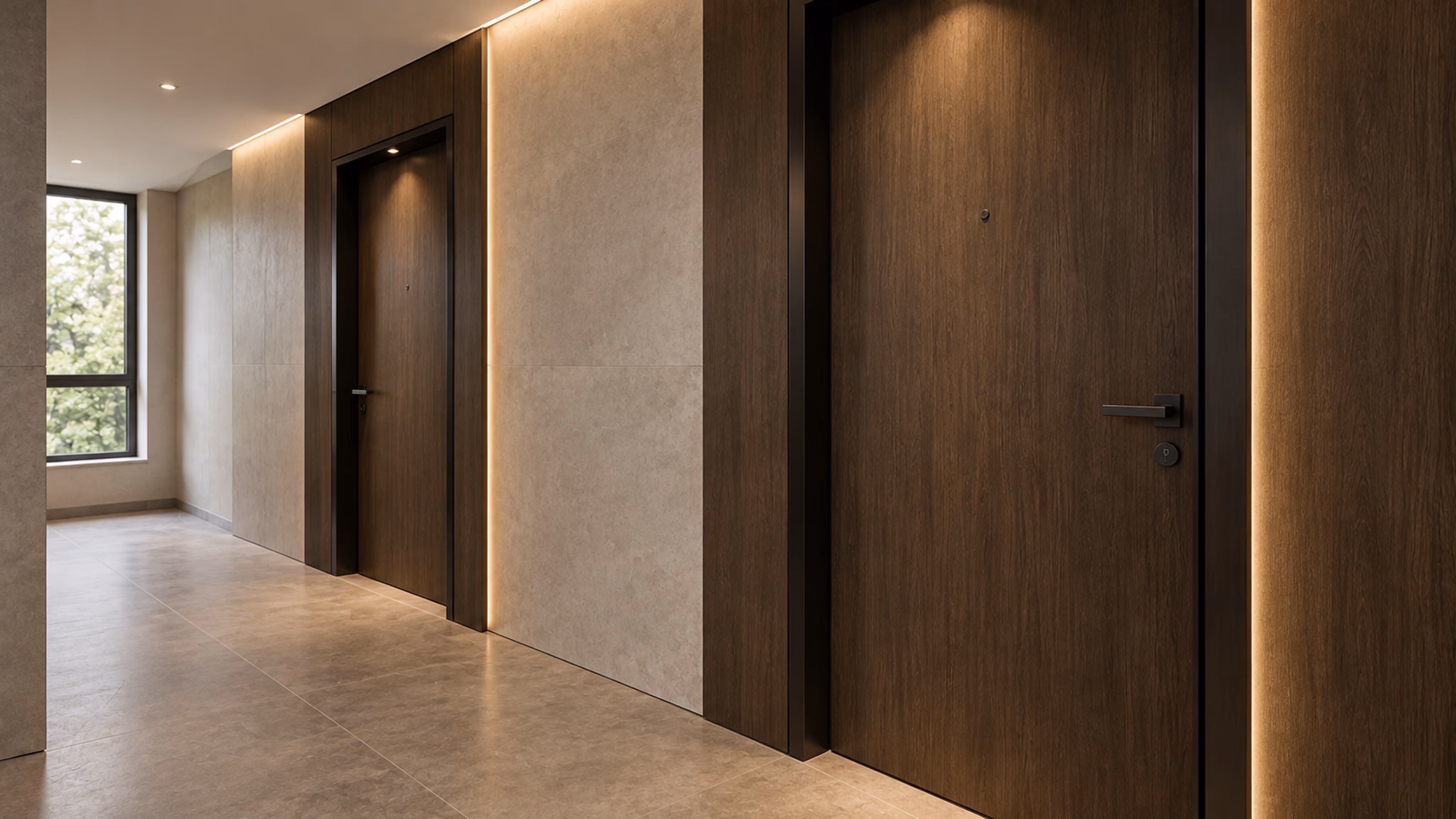 Palier d’inspiration : deux portes effet bois fumé, cadres anthracite et panneaux minéraux coordonnés au hall