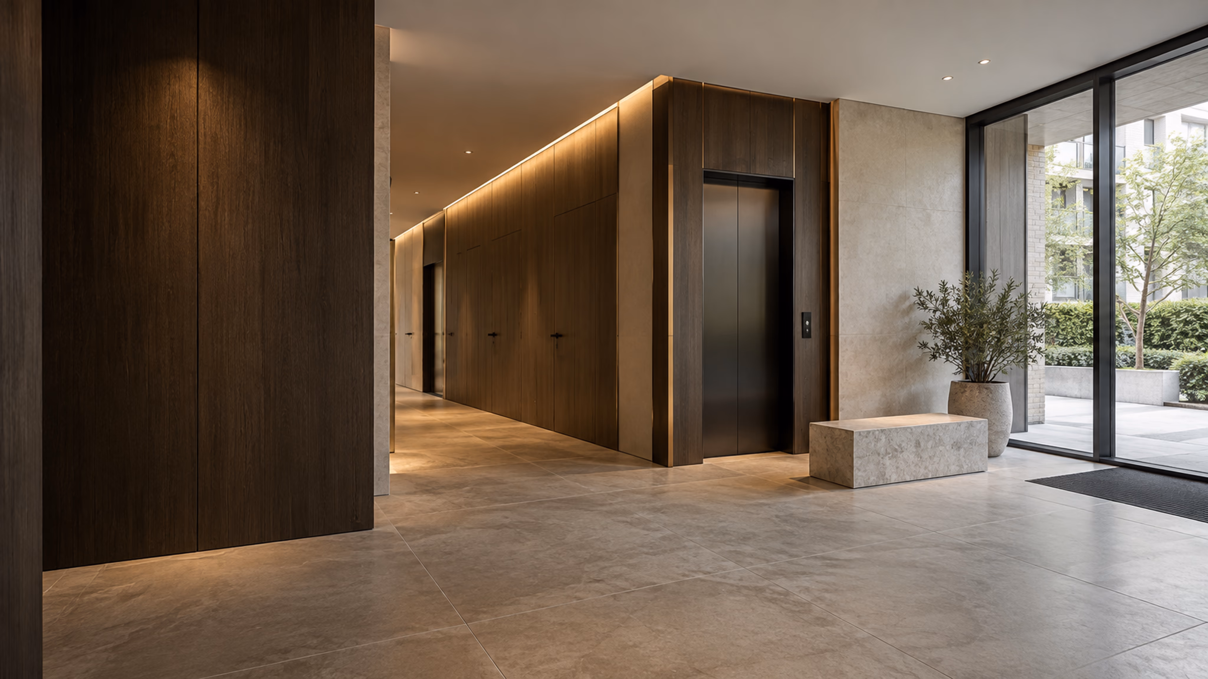 Hall résidentiel d’inspiration, avec panneaux effet bois fumé, matières minérales et ascenseur sombre