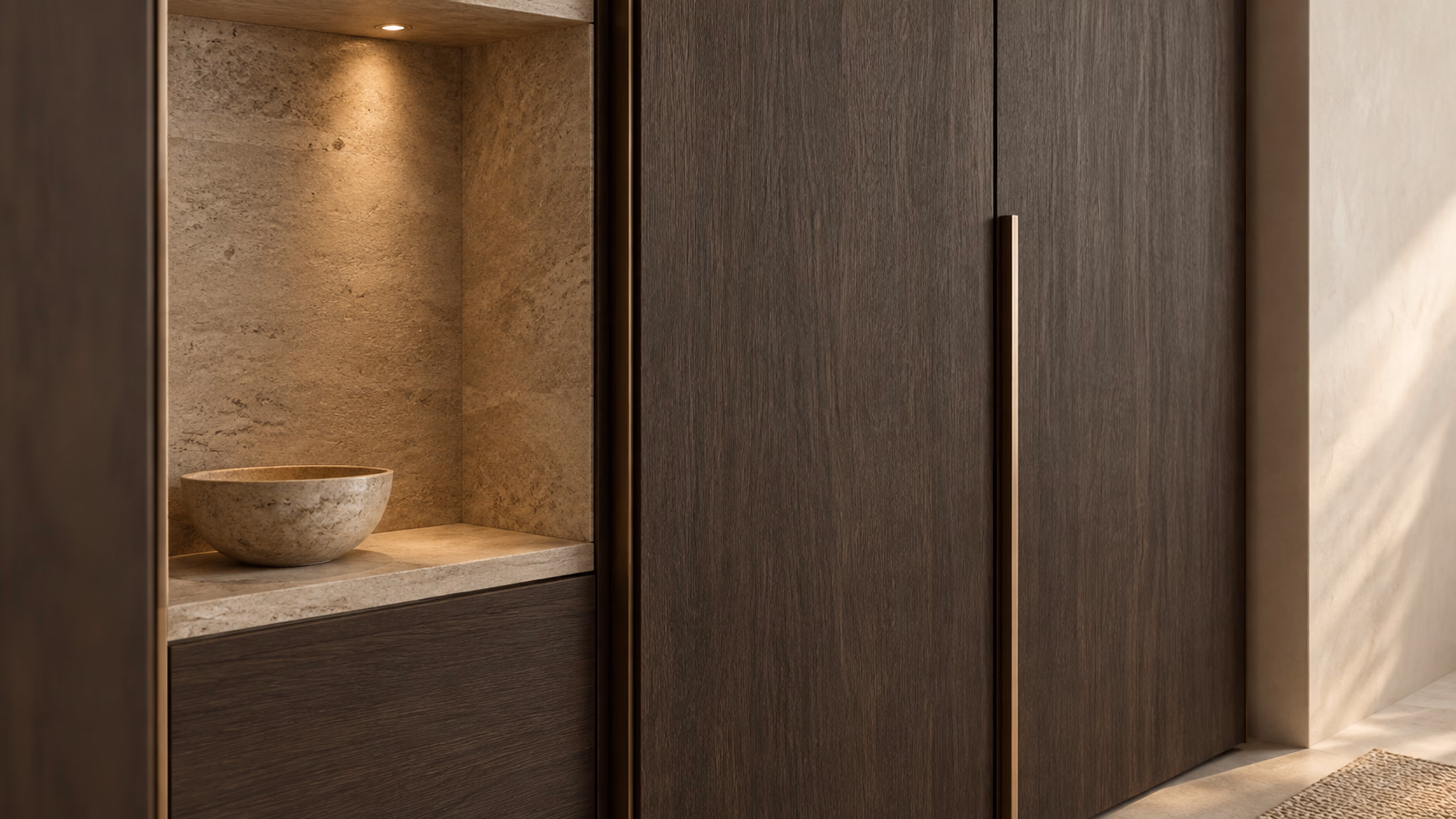 Détail d’une porte effet bois, de son chant et d’une niche claire avec une poignée fine