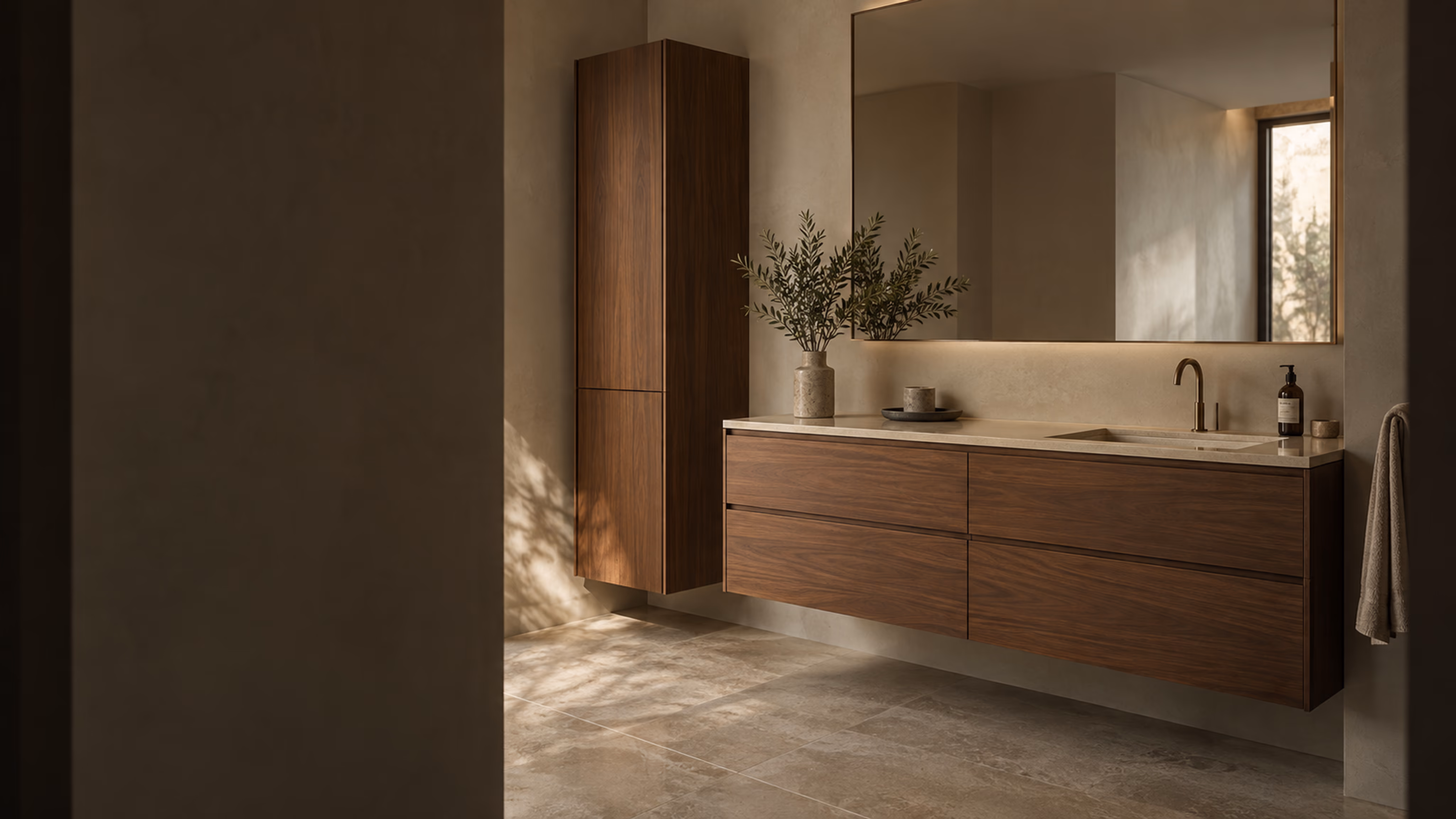 Salle de bain avec meuble vasque suspendu en bois sombre et colonne assortie, illustration d’ambiance