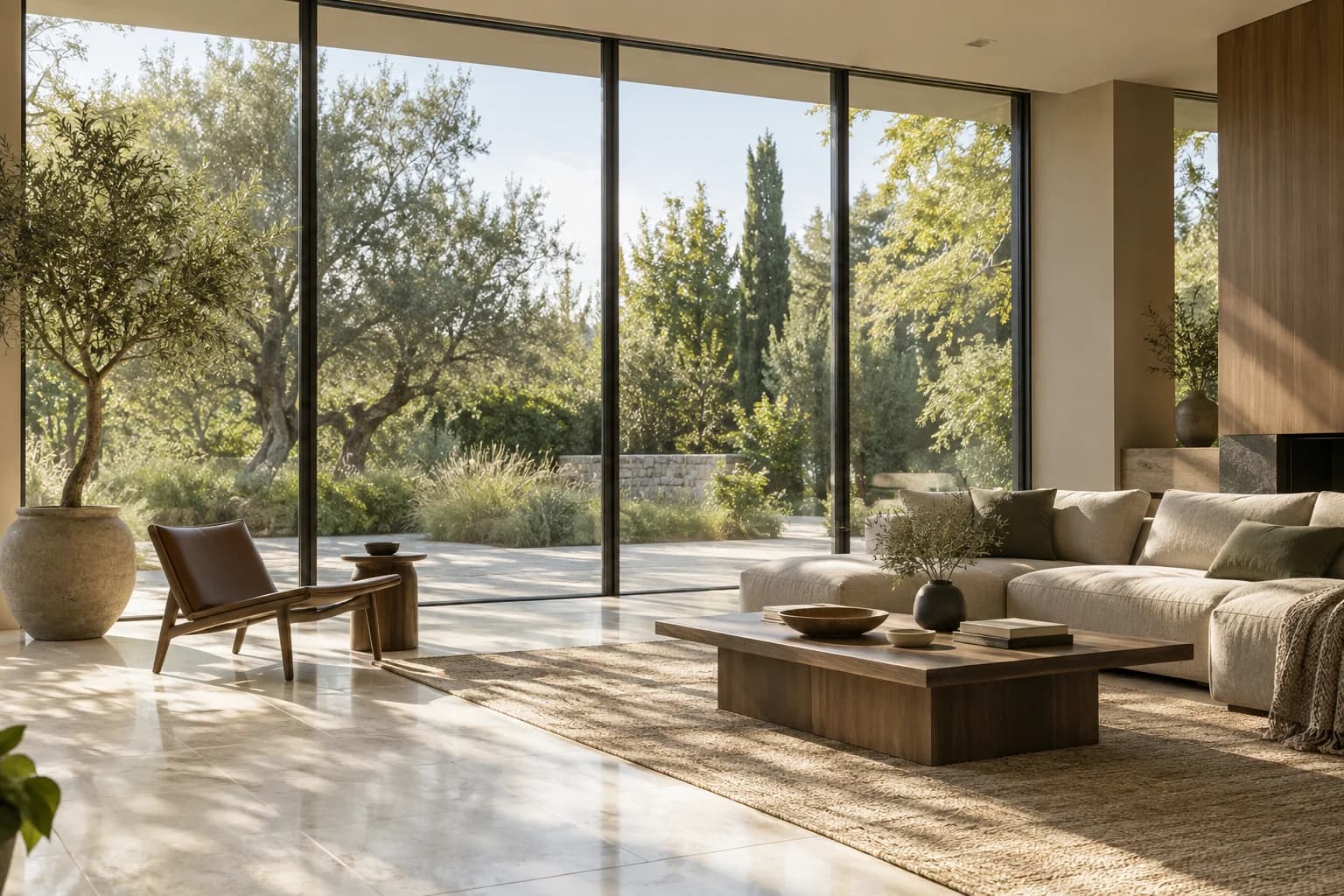 Salon ouvert sur le jardin par une grande baie vitrée