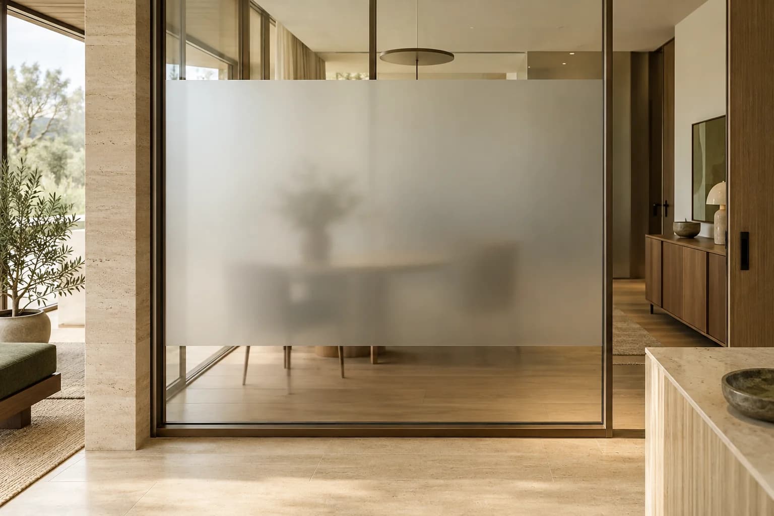 Cloison de bureau avec une bande dépolie et du verre transparent en partie haute