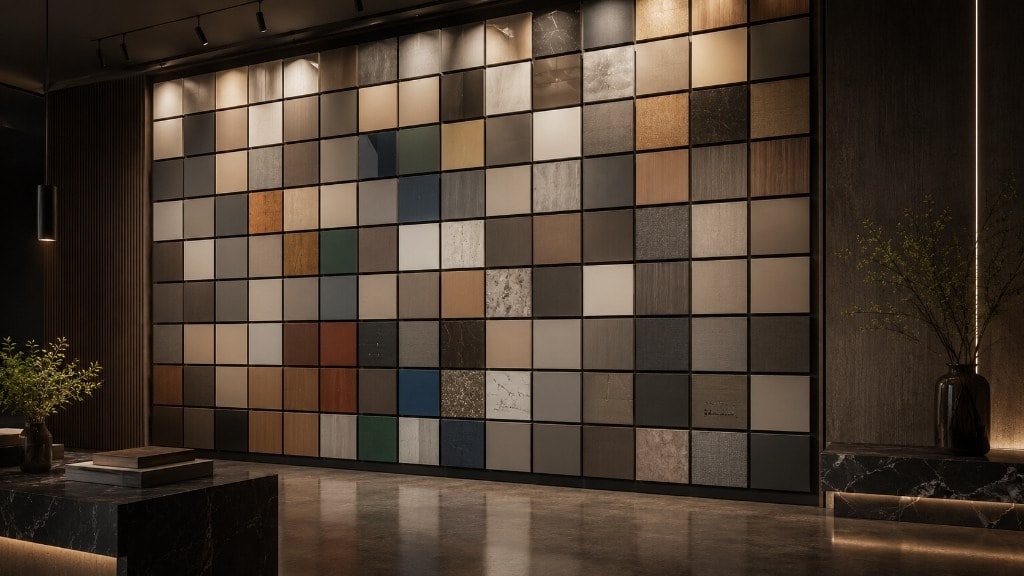 Mur d’échantillons de matières dans un showroom design.