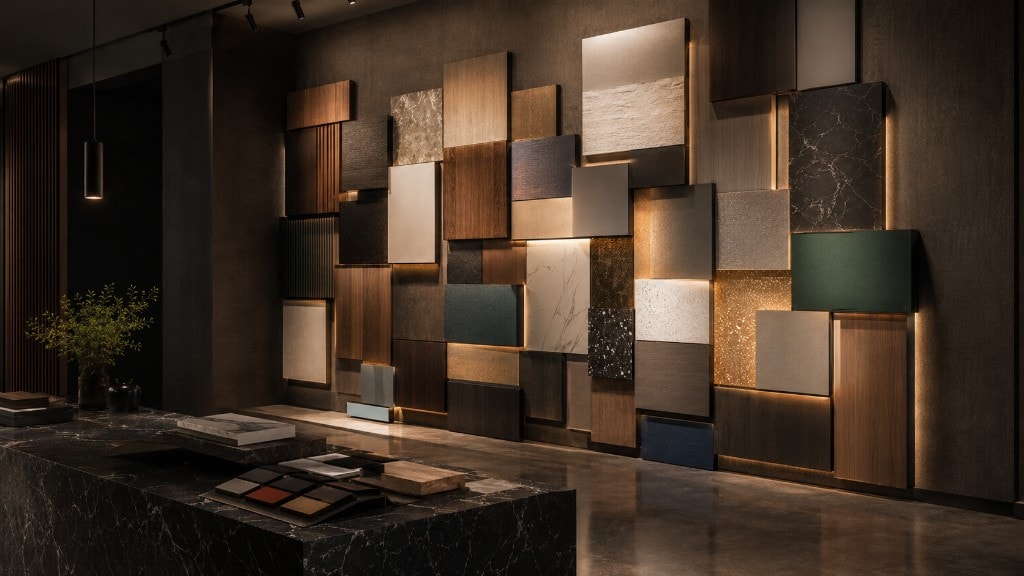 Mur d’échantillons de matières dans un showroom covering et films.