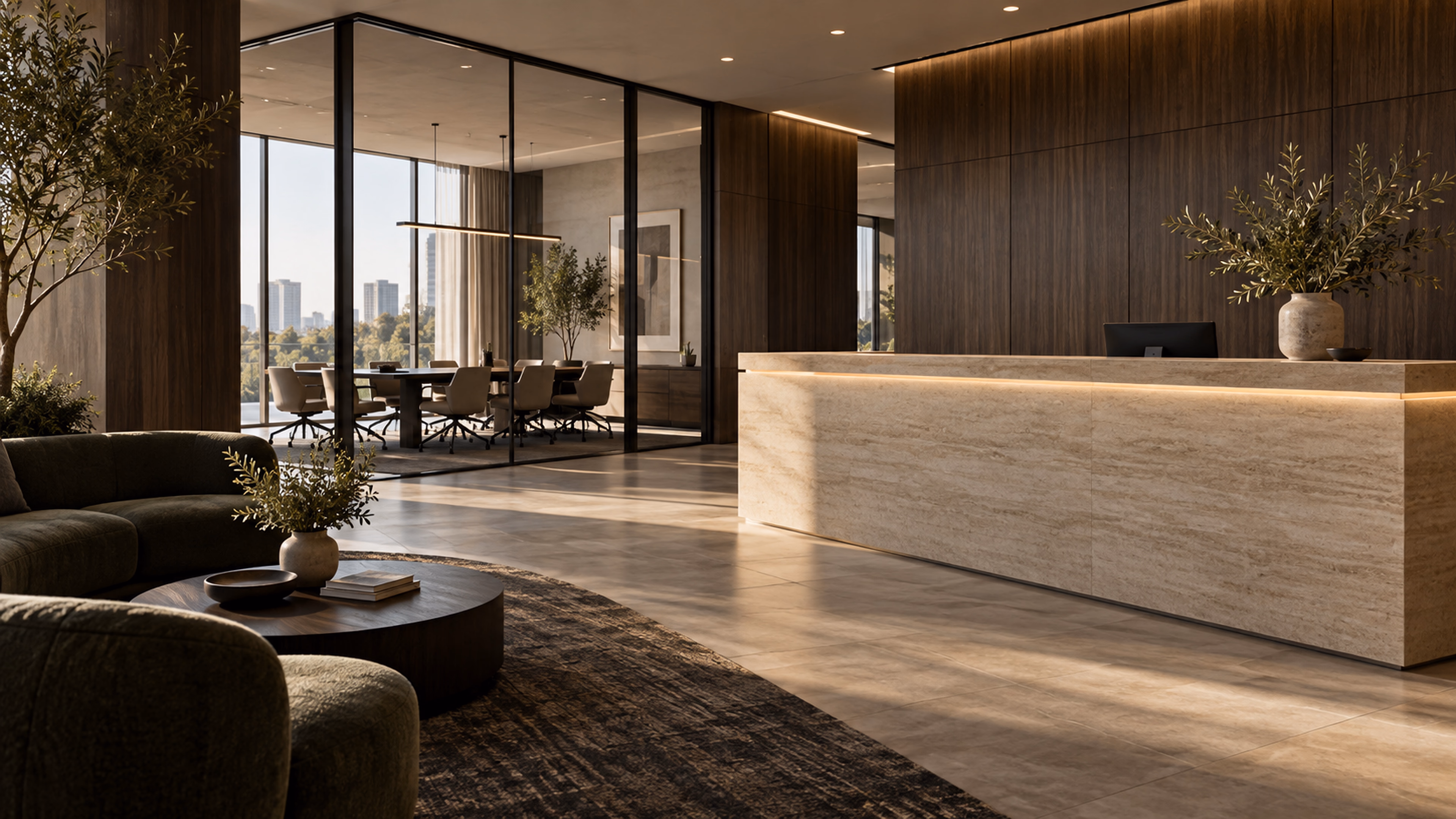 Espace professionnel contemporain aux finitions bois et pierre